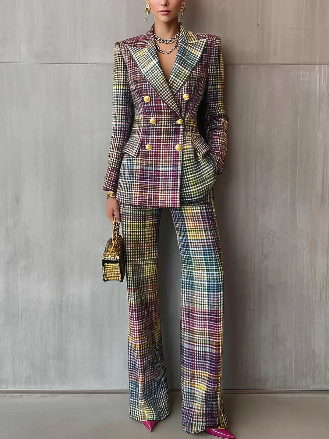 Debbie – Plaid Double-Breasted Blazer and Pants Set