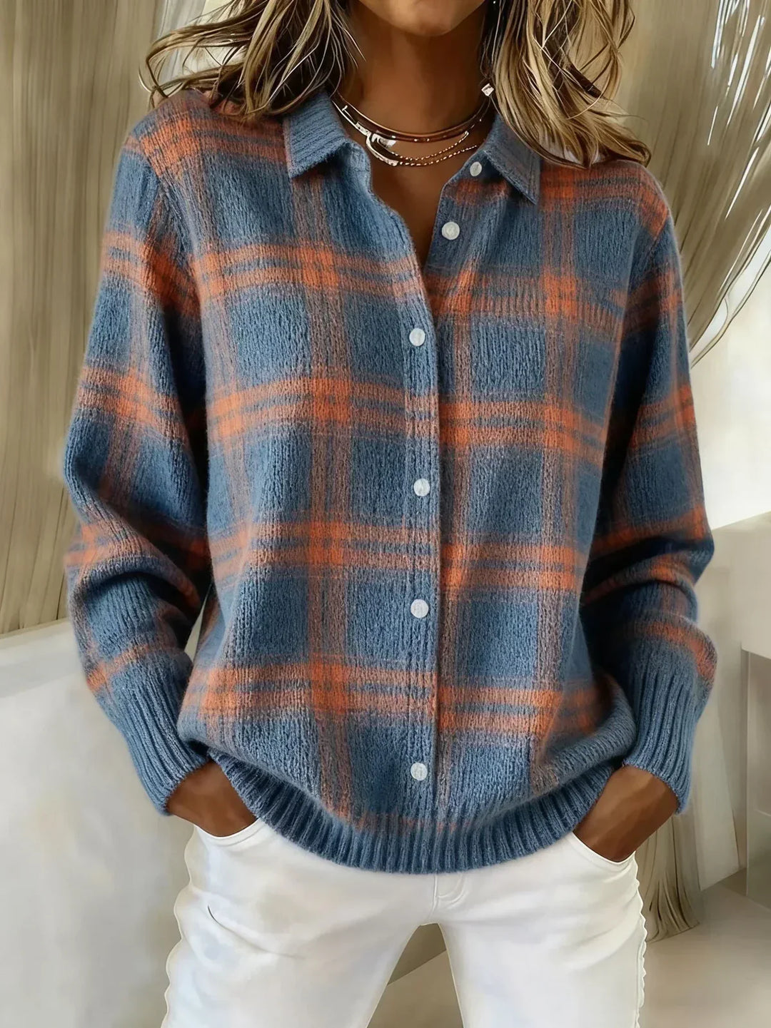 Debra – Plaid Knit Button-Up Cardigan