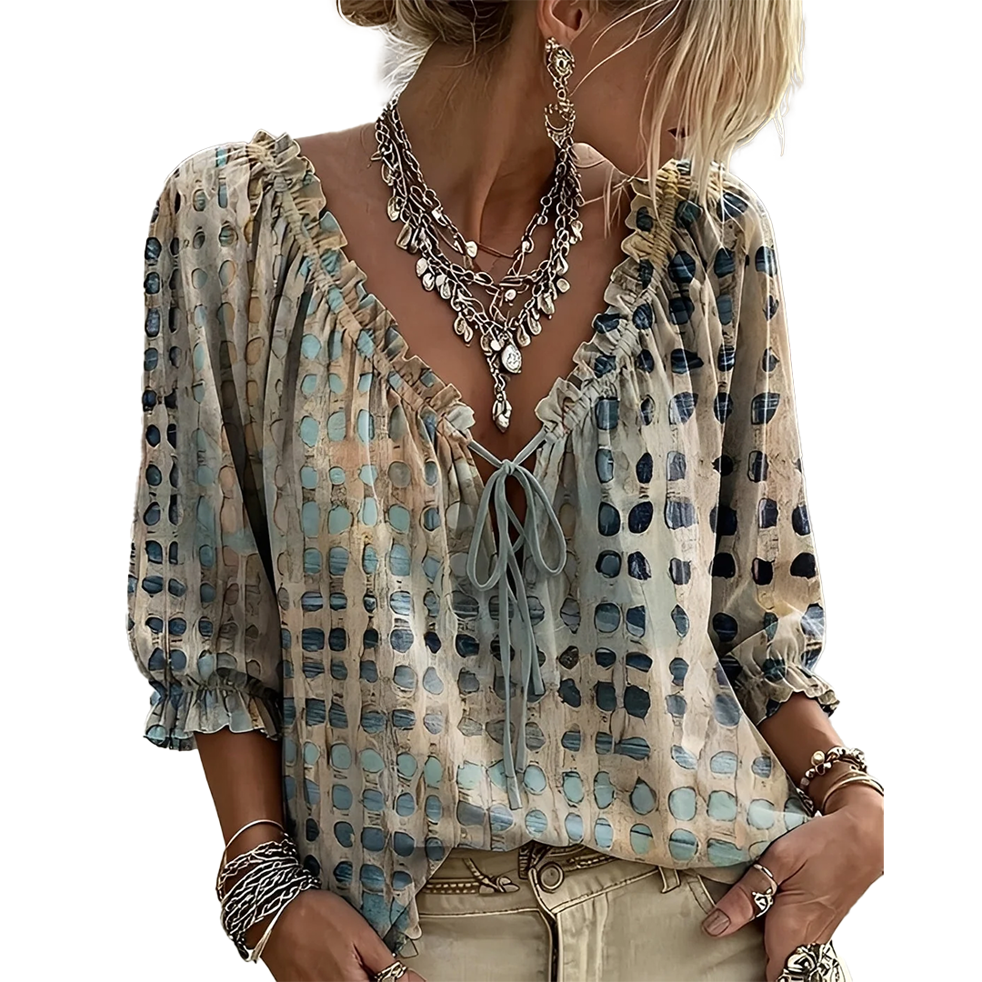 Wendy – Ruffled Tie-Front Printed Blouse