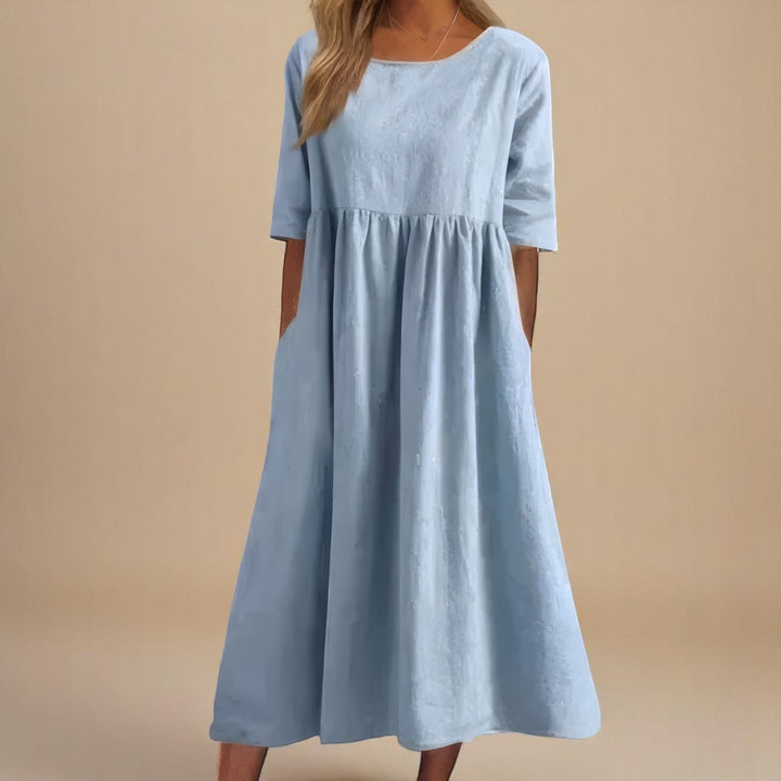 Janice – Relaxed Gathered Midi Dress with Pockets