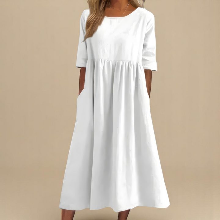 Janice – Relaxed Gathered Midi Dress with Pockets