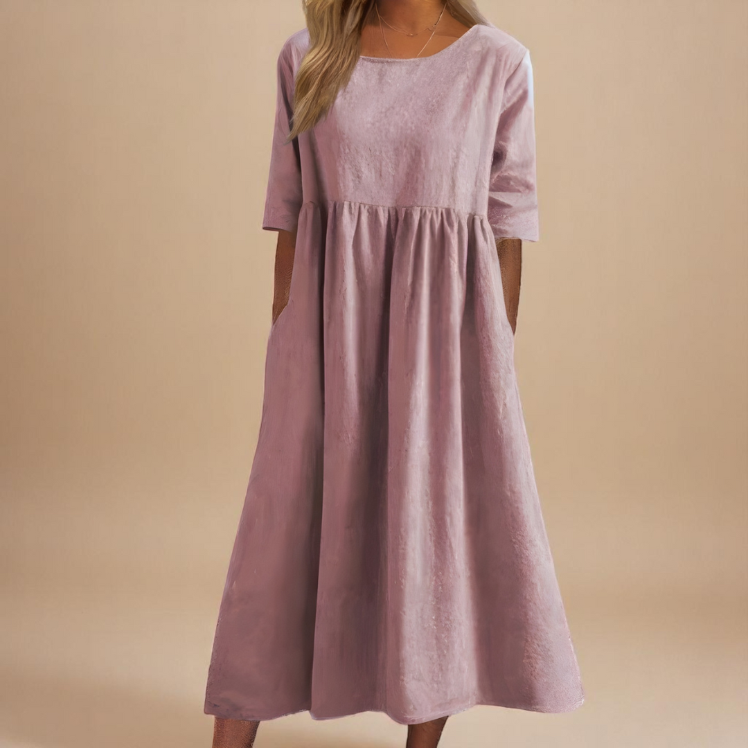 Janice – Relaxed Gathered Midi Dress with Pockets