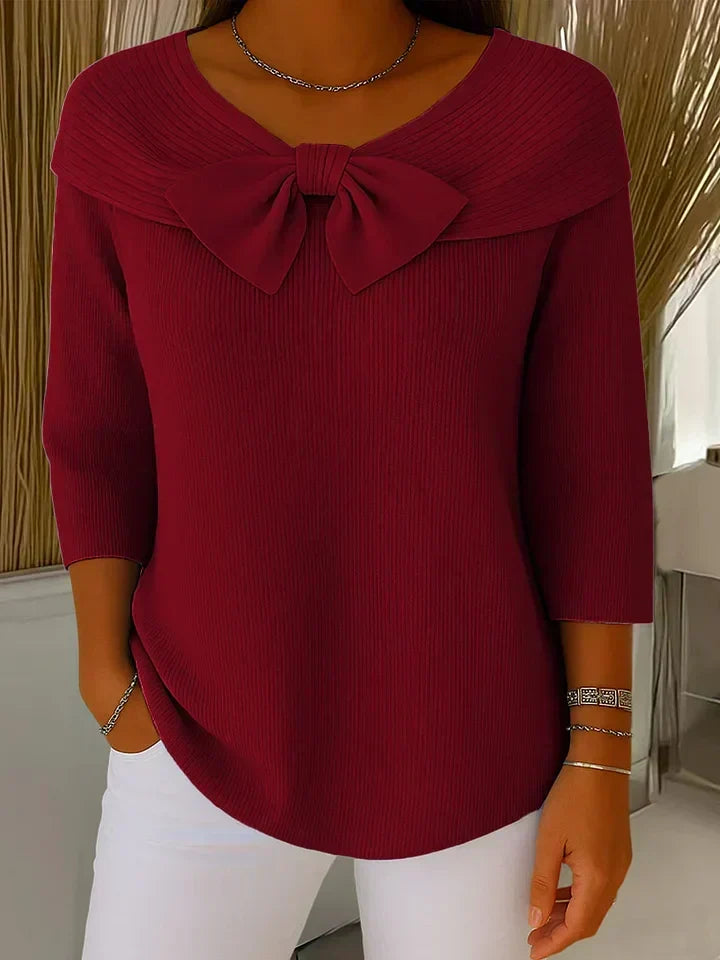 Elaine – Fitted Ribbed Knit Top with Bow Detail