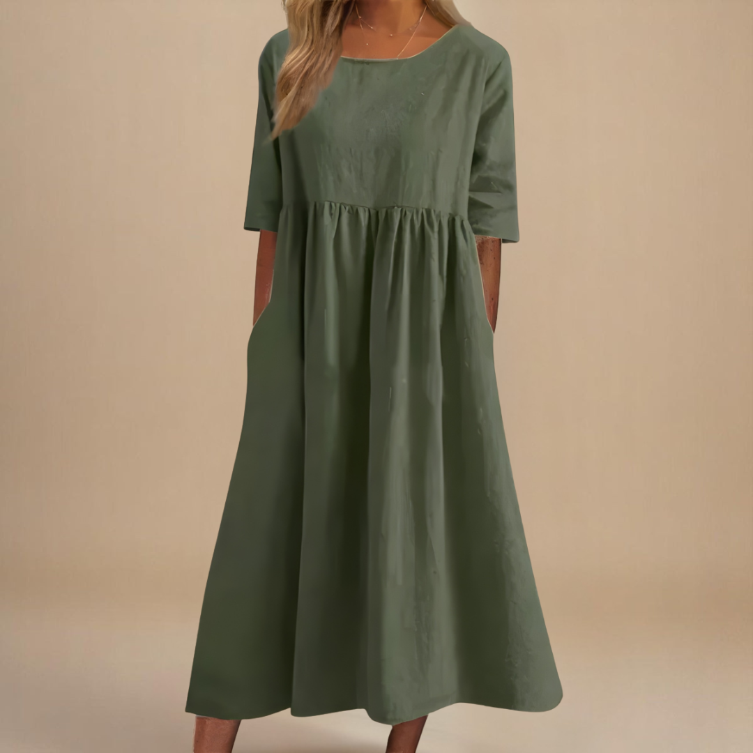 Janice – Relaxed Gathered Midi Dress with Pockets