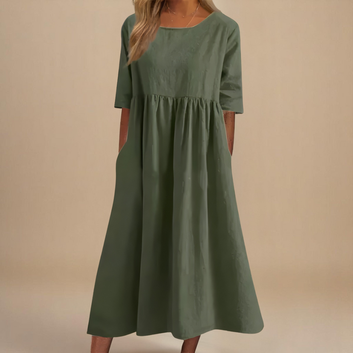 Janice – Relaxed Gathered Midi Dress with Pockets
