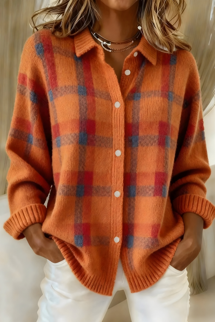 Debra – Plaid Knit Button-Up Cardigan