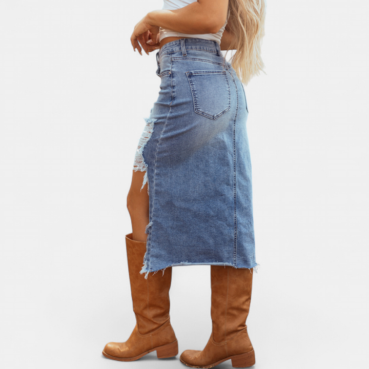 Renee – Distressed Denim Midi Skirt