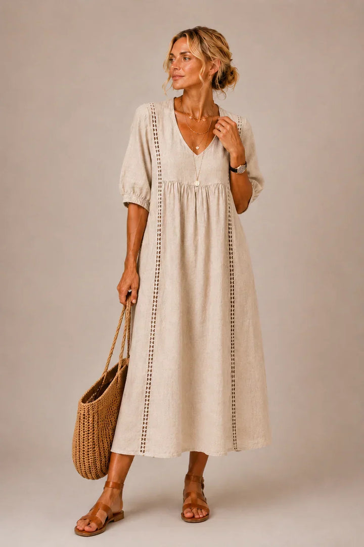 Karen – Linen-Look Lace-Trim Midi Dress