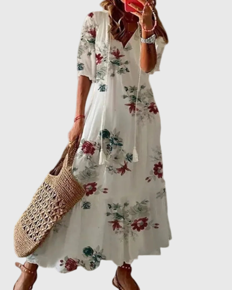 Dorothy – Ikat-Print Midi Dress with Tassel Tie