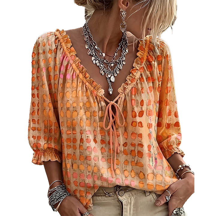 Wendy – Ruffled Tie-Front Printed Blouse