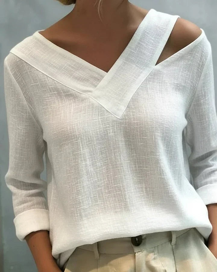 Opal – V-Neck Off-Shoulder Linen-Look Top