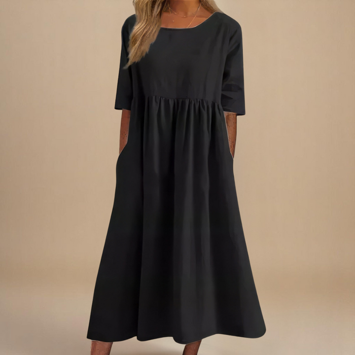 Janice – Relaxed Gathered Midi Dress with Pockets