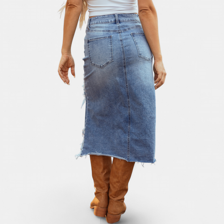 Renee – Distressed Denim Midi Skirt