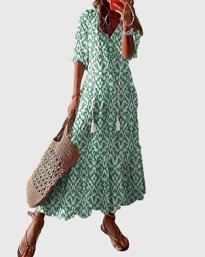 Dorothy – Ikat-Print Midi Dress with Tassel Tie