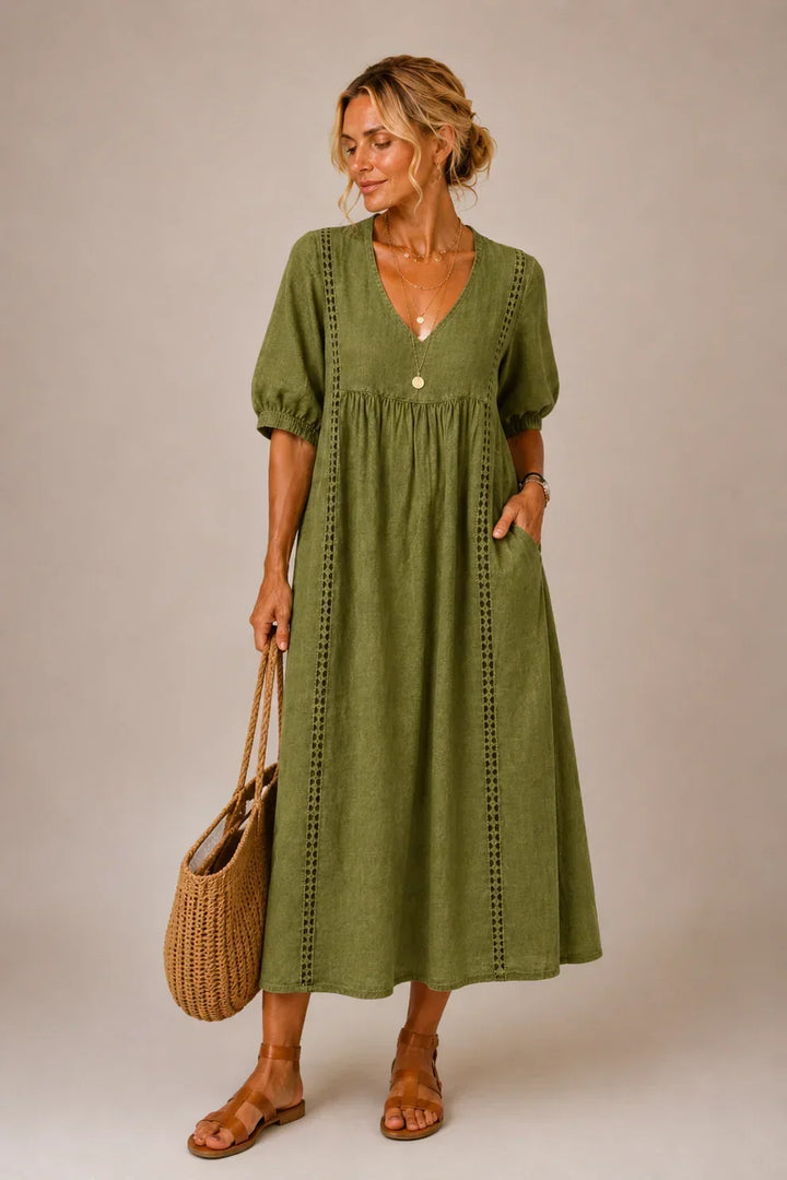 Karen – Linen-Look Lace-Trim Midi Dress