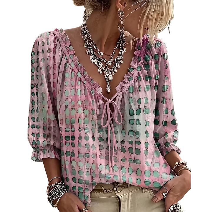 Wendy – Ruffled Tie-Front Printed Blouse