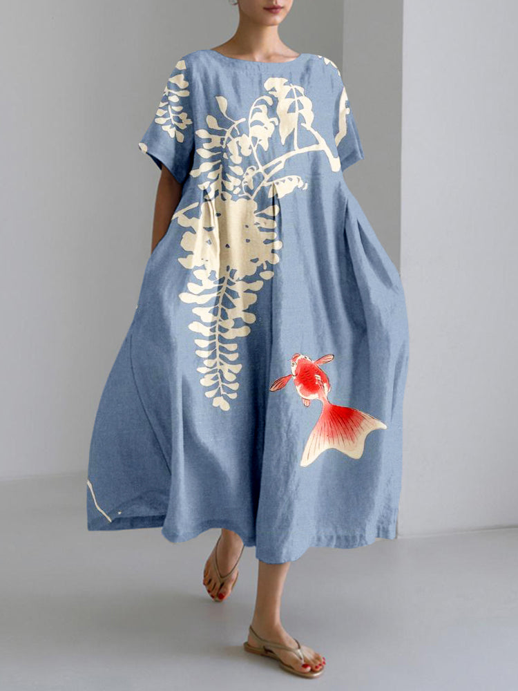 Annette – Vintage Goldfish Art Linen-Look Maxi Dress
