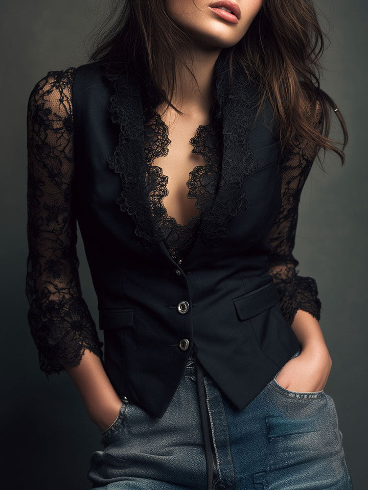 Michelle – Lace-Sleeve Structured Blazer