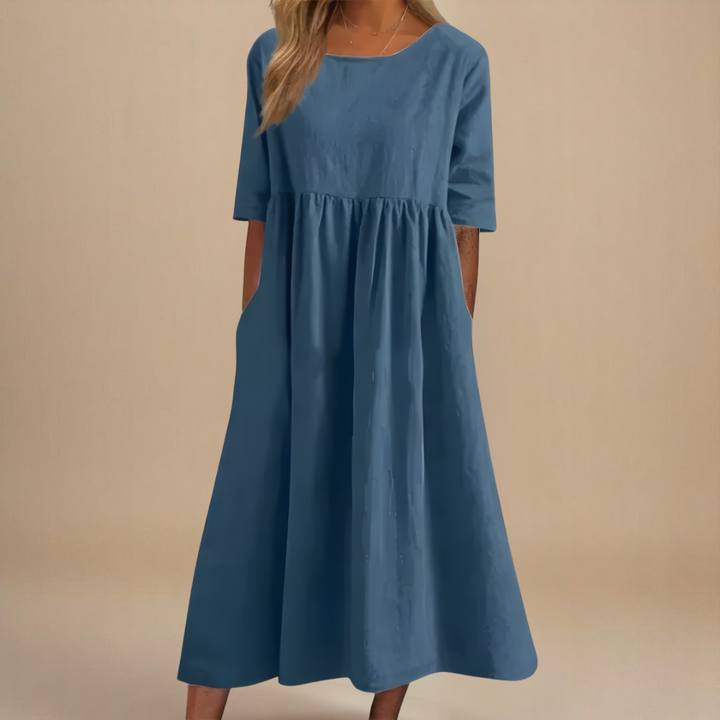 Janice – Relaxed Gathered Midi Dress with Pockets