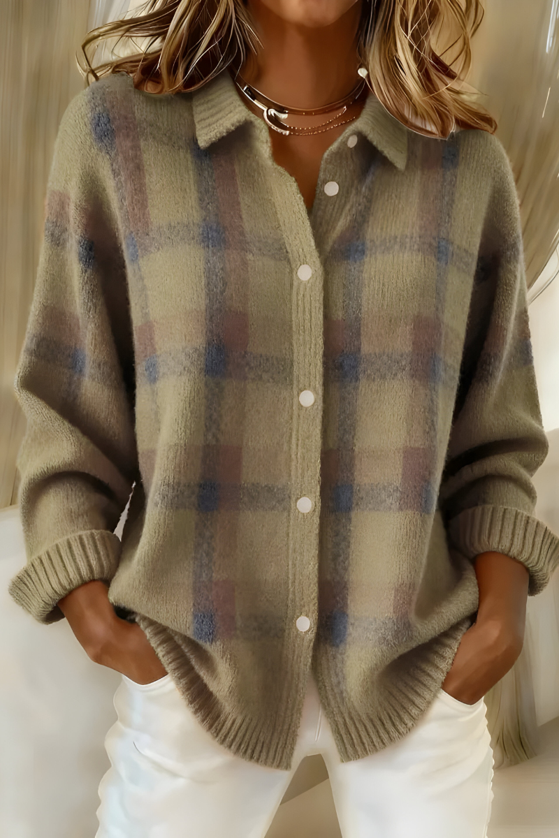 Debra – Plaid Knit Button-Up Cardigan
