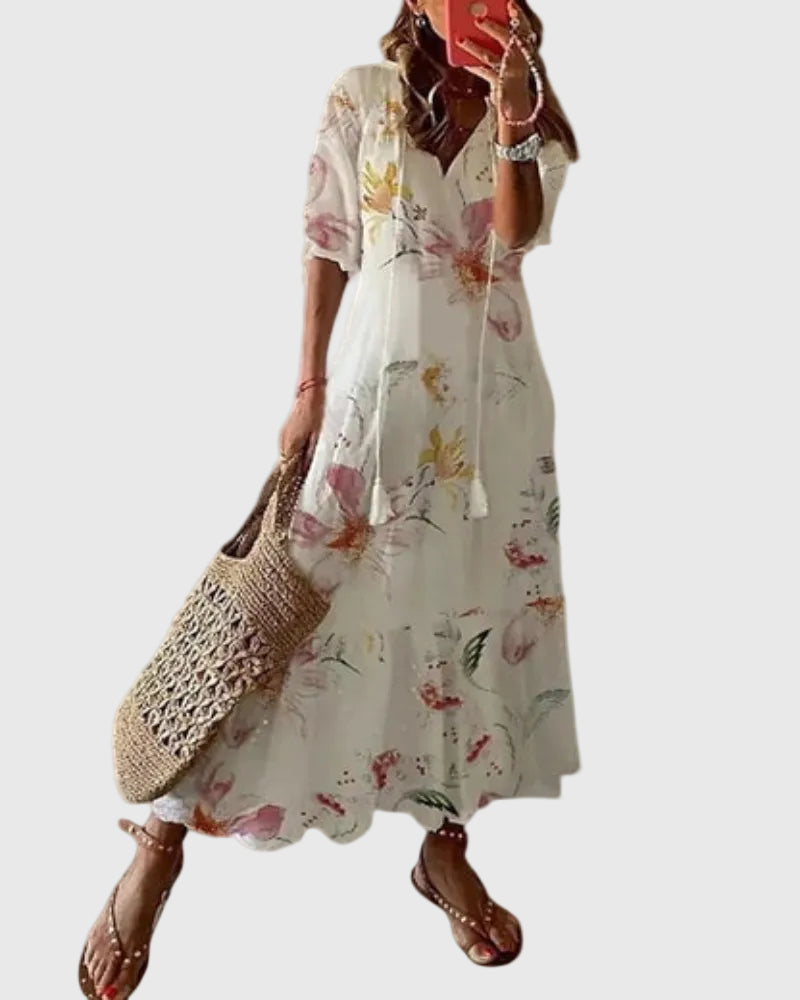 Dorothy – Ikat-Print Midi Dress with Tassel Tie