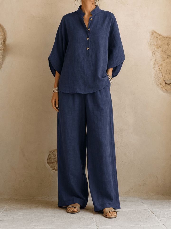 Lynne – Linen-Look Batwing Top and Wide-Leg Pants Set