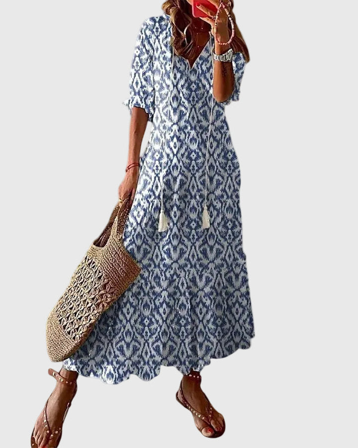 Dorothy – Ikat-Print Midi Dress with Tassel Tie