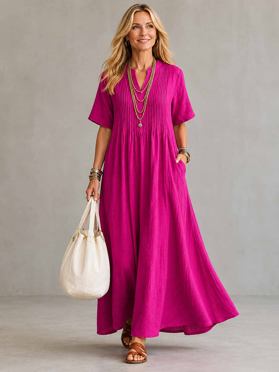 Shannon – Pleated V-Neck Maxi Dress
