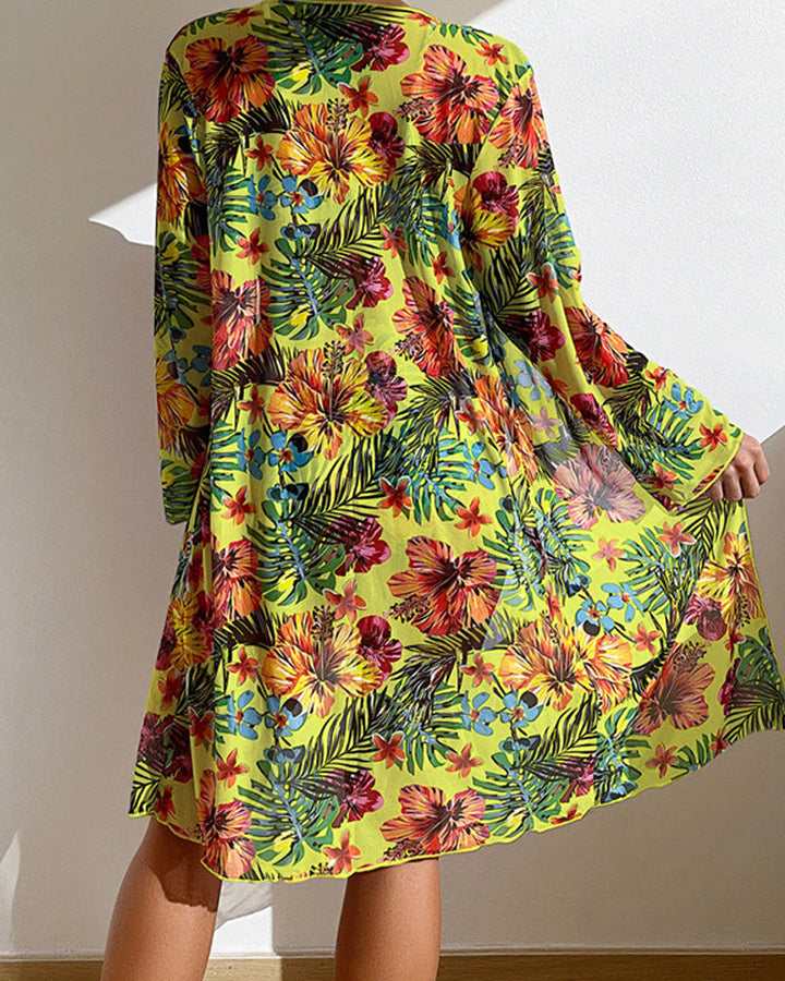 Kim – Tropical Print Bikini Set with Kimono Cover-Up