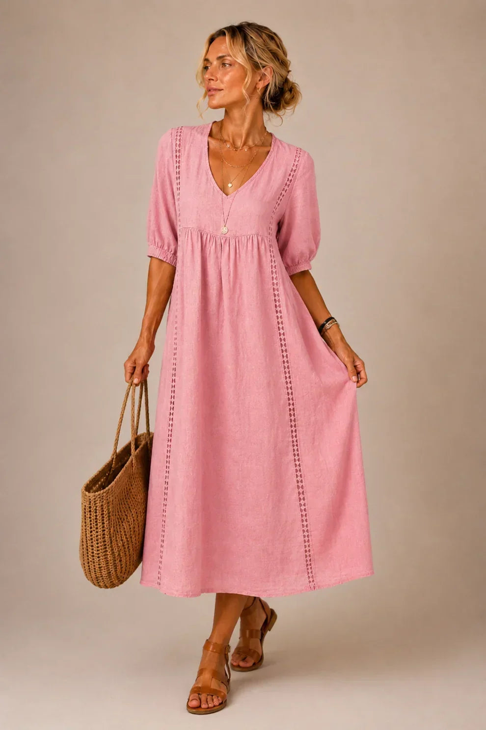 Karen – Linen-Look Lace-Trim Midi Dress