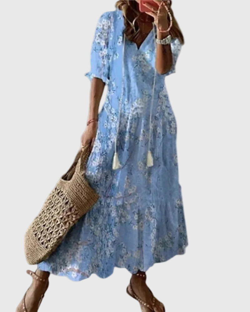 Dorothy – Ikat-Print Midi Dress with Tassel Tie