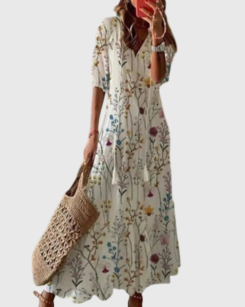 Dorothy – Ikat-Print Midi Dress with Tassel Tie