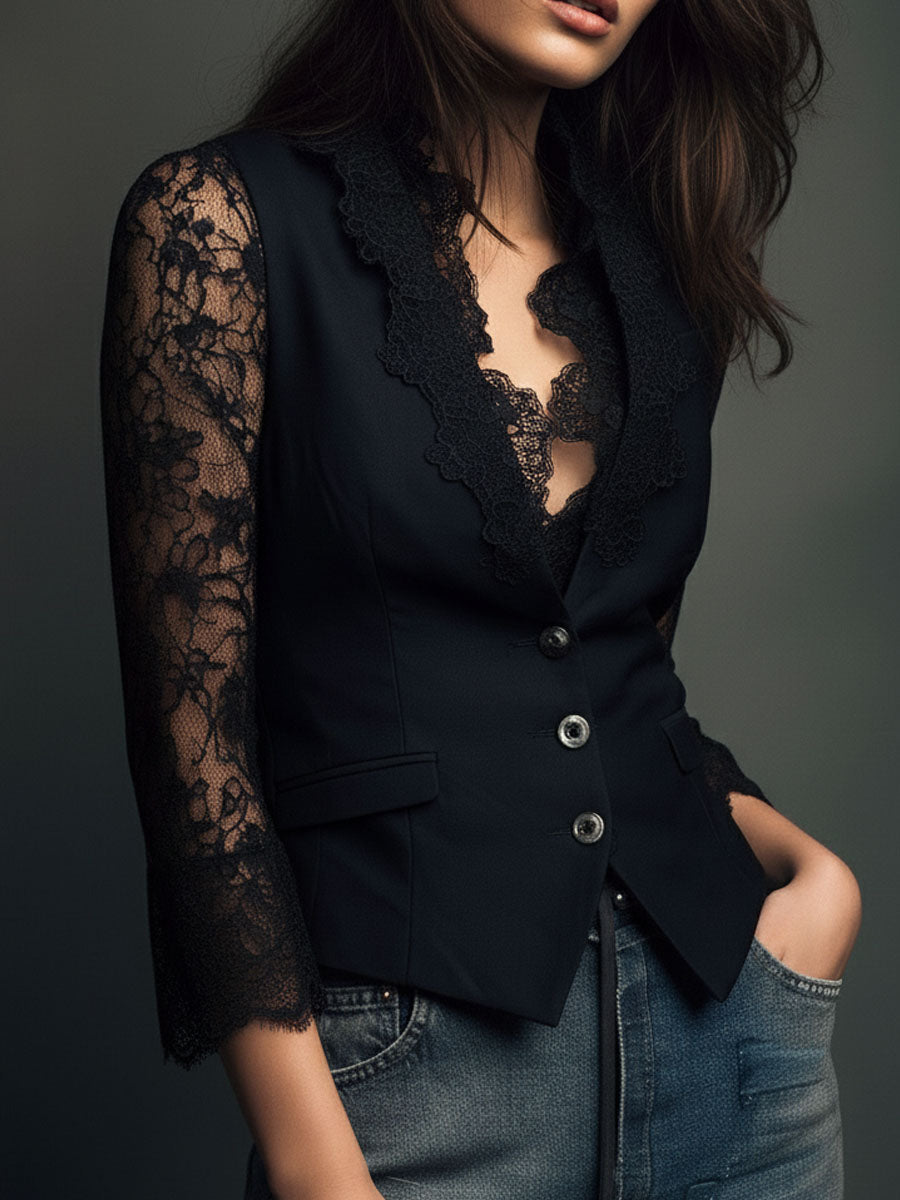 Michelle – Lace-Sleeve Structured Blazer
