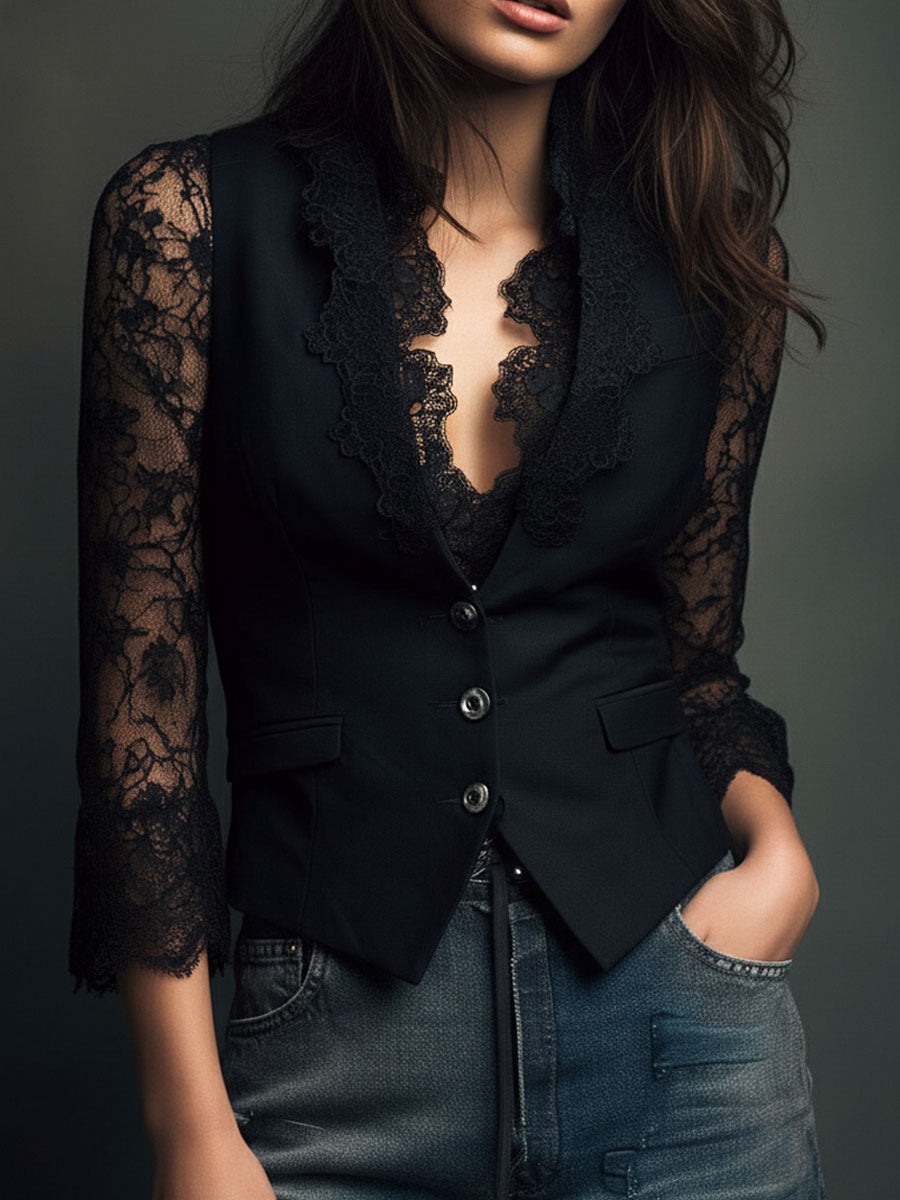 Michelle – Lace-Sleeve Structured Blazer