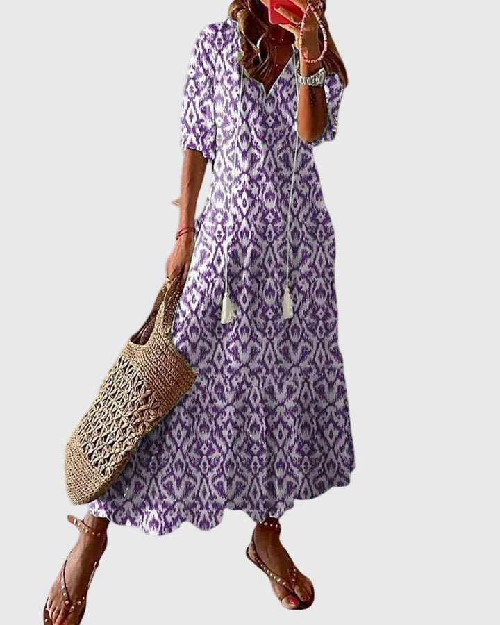 Dorothy – Ikat-Print Midi Dress with Tassel Tie