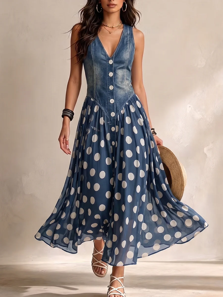 Vicki – Denim Bodice Polka Dot Midi Dress