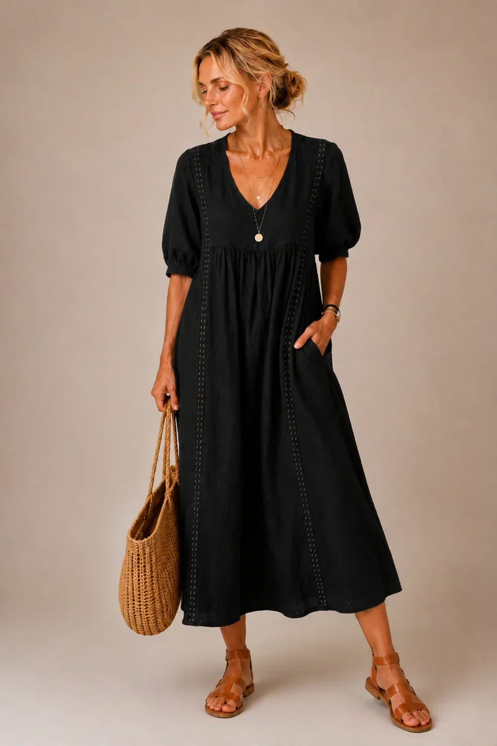 Karen – Linen-Look Lace-Trim Midi Dress
