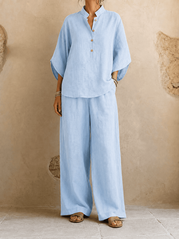 Lynne – Linen-Look Batwing Top and Wide-Leg Pants Set