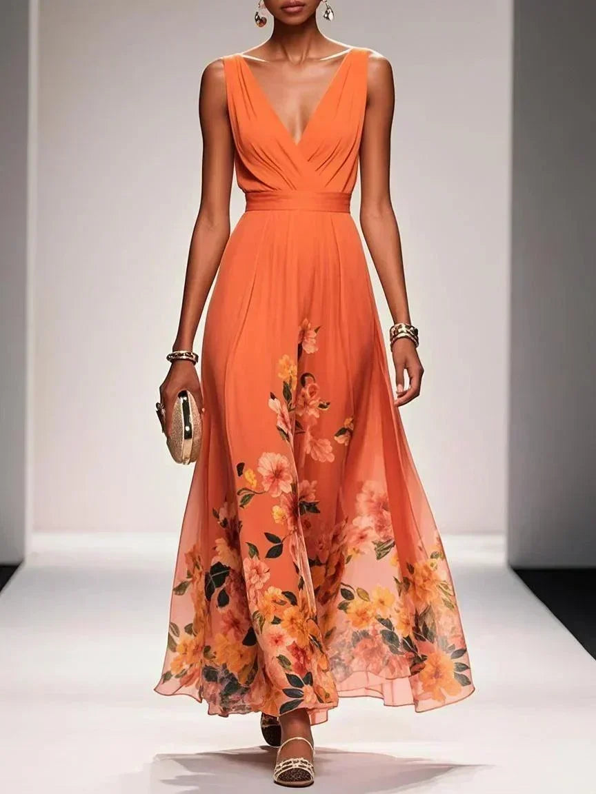 Alina | Light Blue Floral Chiffon V-Neck Maxi Dress