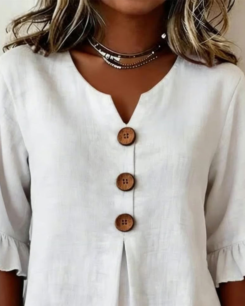 Glenda – Linen-Look Blouse with Ruffle Sleeves