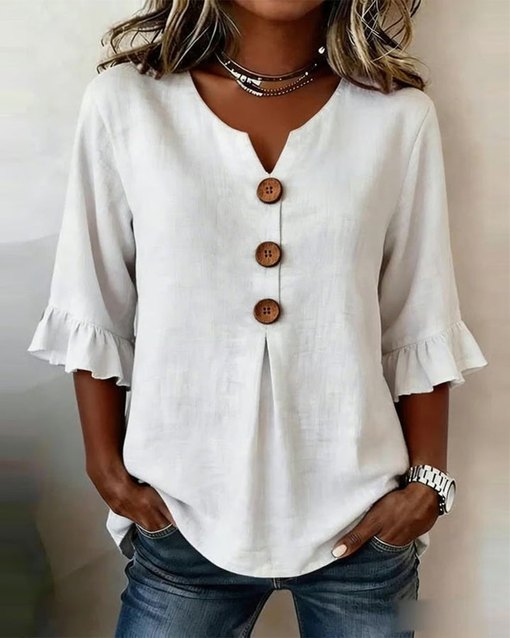 Glenda – Linen-Look Blouse with Ruffle Sleeves