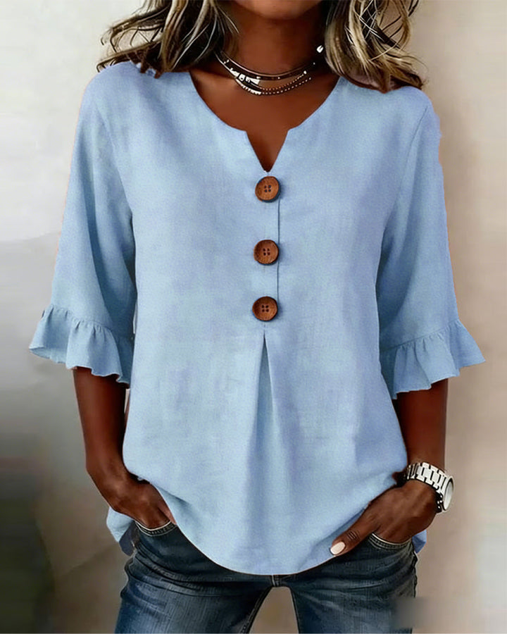 Glenda – Linen-Look Blouse with Ruffle Sleeves
