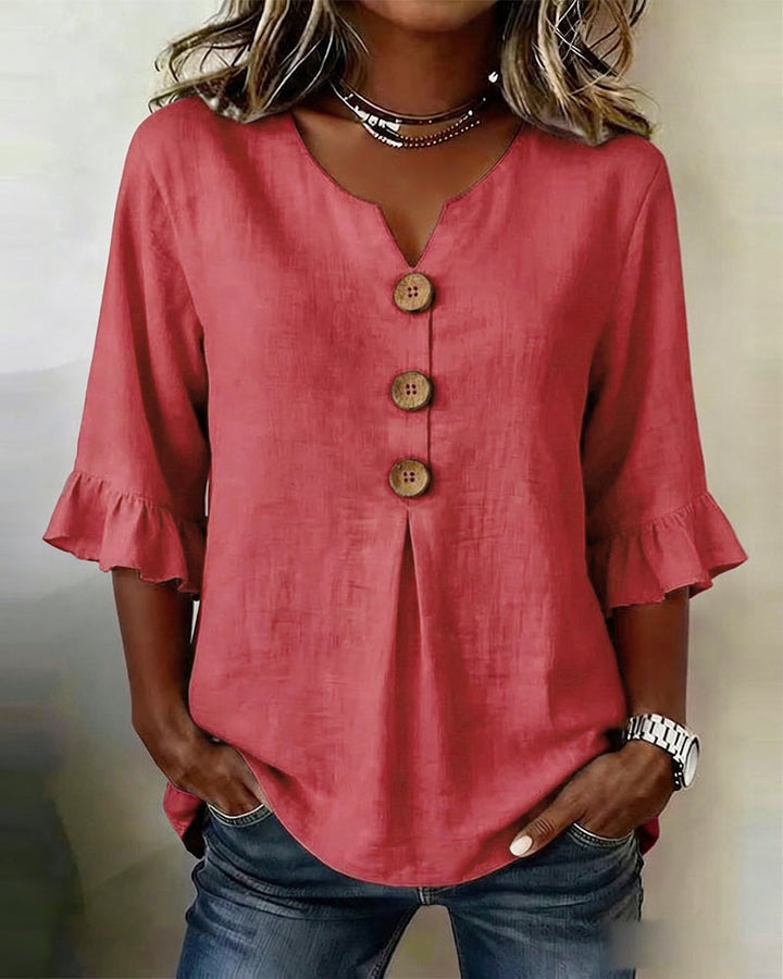 Glenda – Linen-Look Blouse with Ruffle Sleeves