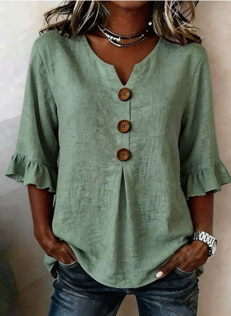 Glenda – Linen-Look Blouse with Ruffle Sleeves