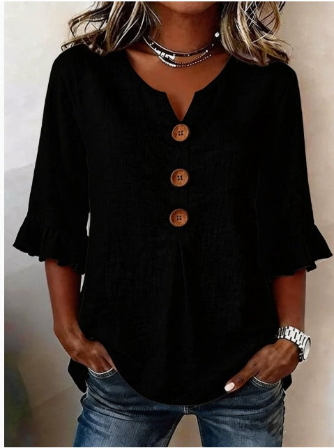 Glenda – Linen-Look Blouse with Ruffle Sleeves