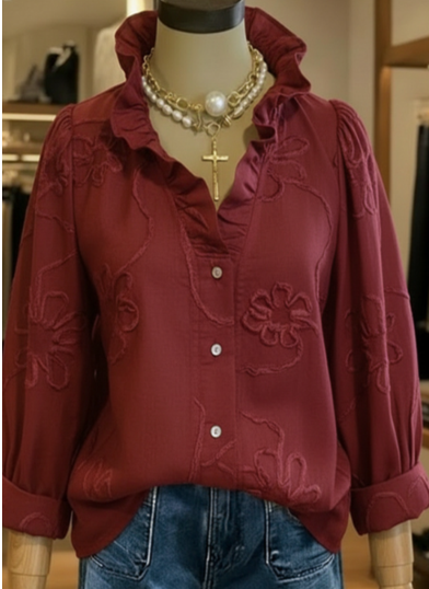 Wendy – Embroidered Ruffle Neck Blouse