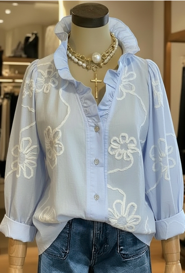 Wendy – Embroidered Ruffle Neck Blouse