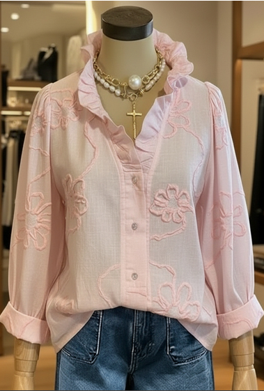 Wendy – Embroidered Ruffle Neck Blouse