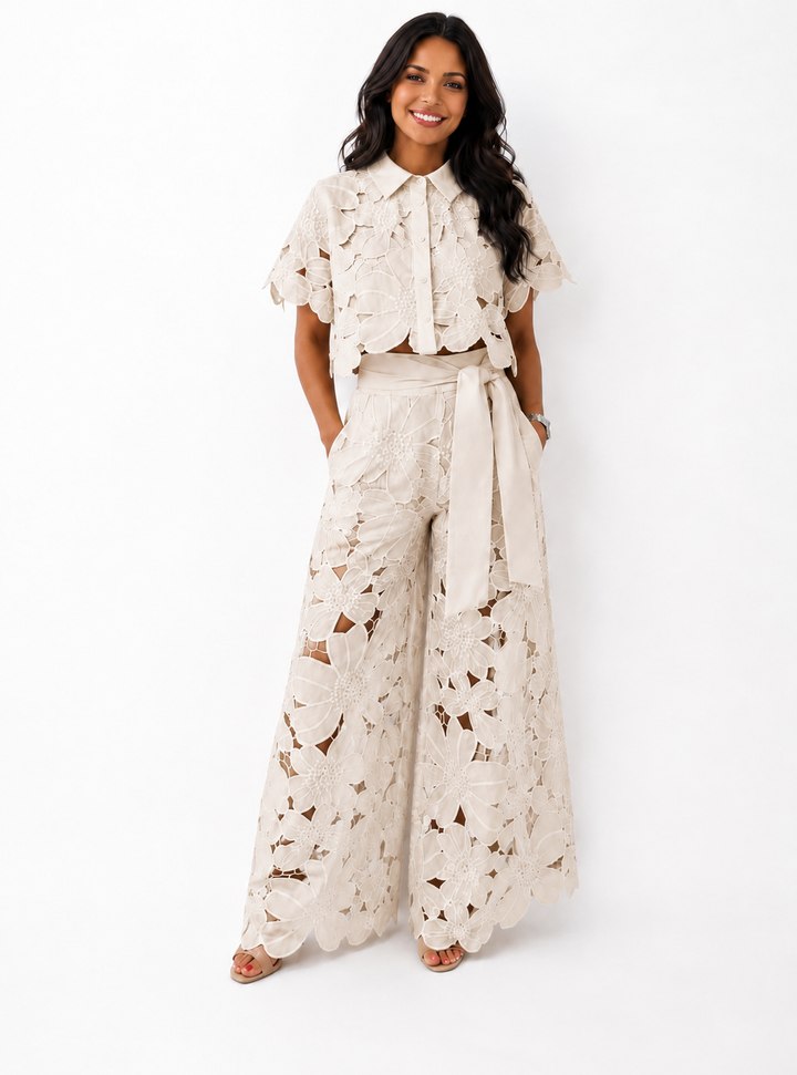 Christina – Floral Lace Wide-Leg Two-Piece Set