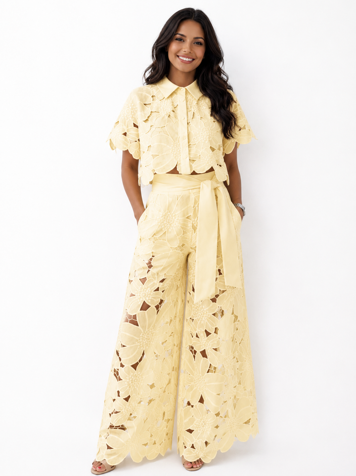Christina – Floral Lace Wide-Leg Two-Piece Set